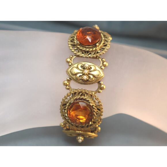 Coro Fleur de Lis Bracelet Orange Open Setting Rhinestones Pearls - Picture 2 of 7